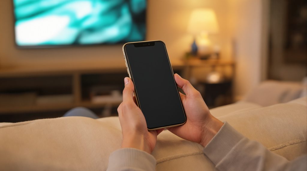Beste IPTV testet på mobil med smart TV i bakgrunnen