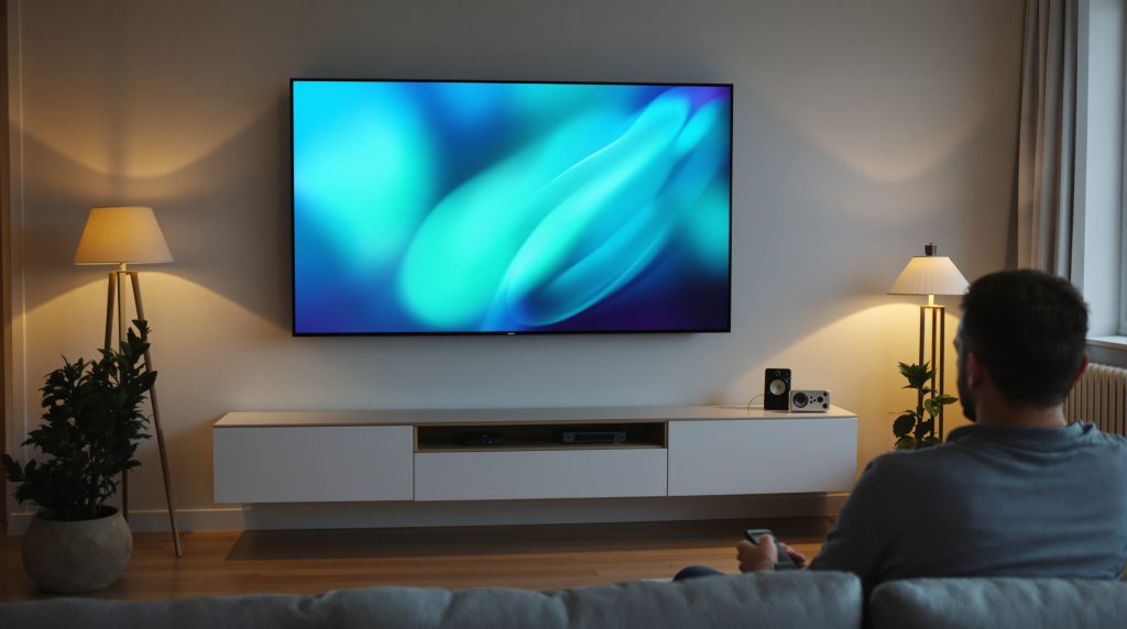 Beste IPTV i Norge: stue med smart TV og 4K stream om kvelden