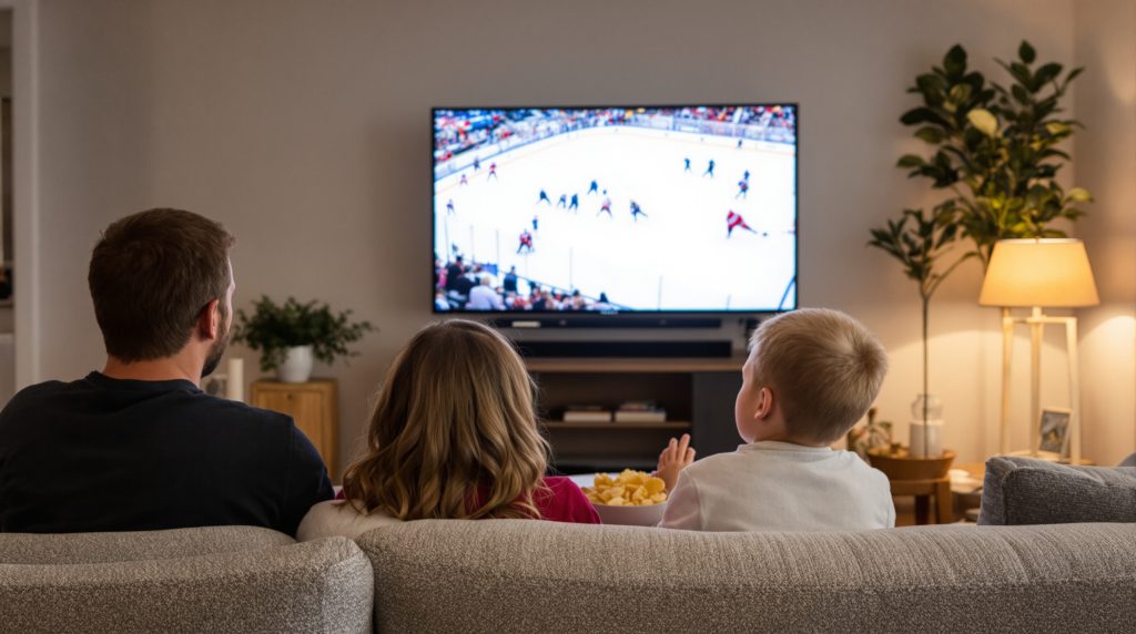 Bästa IPTV 2026: 5 tester som avgör vem som håller 2 Bästa IPTV för sport: familj ser hockeymatch på smart-TV