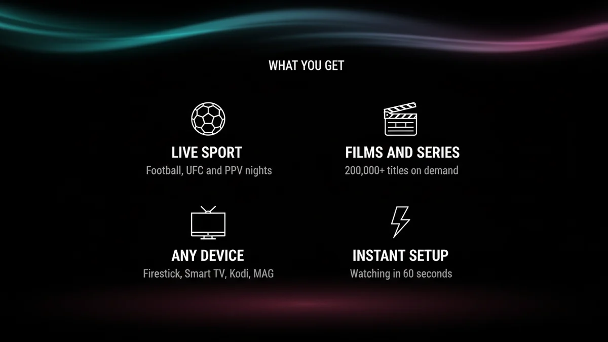 1 month IPTV subscription features: live sport, films and series, any device, instant setup