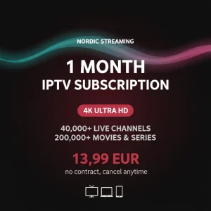 1 month Nordic IPTV subscription card showing 4K Ultra HD and 13,99 EUR pricing